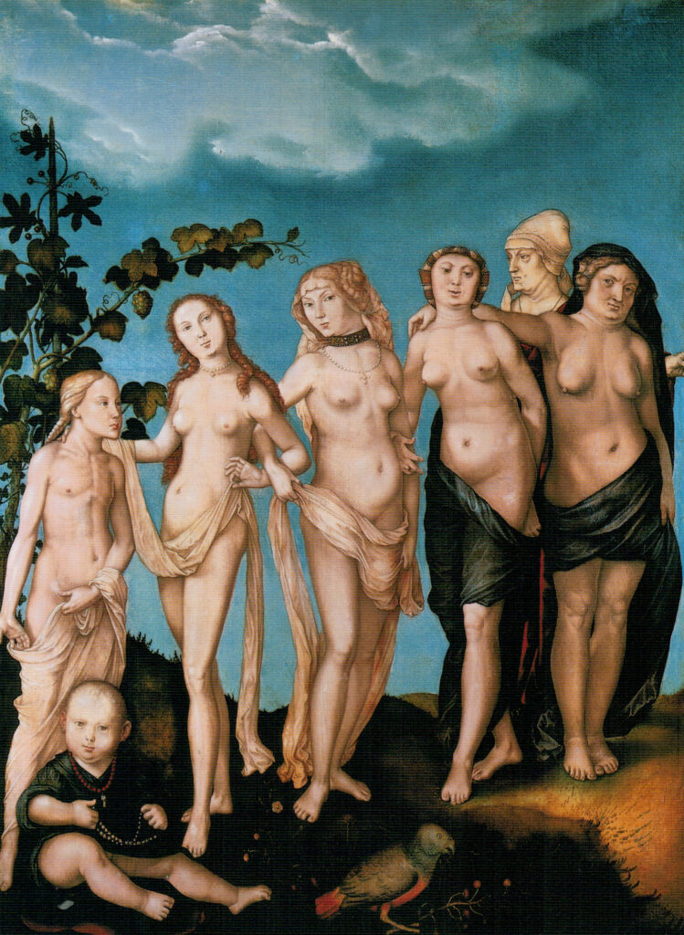 Pintura que mostra sete personagens, que representam sete momentos do envelhecimento de uma mulher branca seminua.