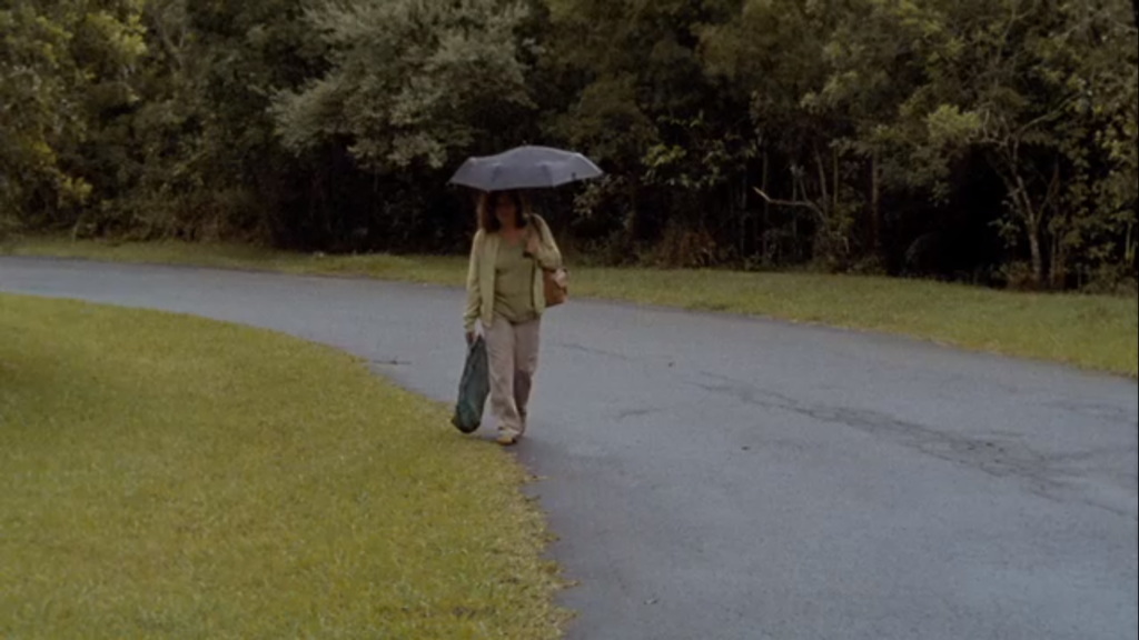 Cena do filme Irene. Mulher caminha sozinha na beira de uma rua vazia, cercada de mato e árvores. Ela carrega uma sacola na mão direita e uma bolsa a tiracolo. Com a mão esquerda, segura um guarda-chuva.