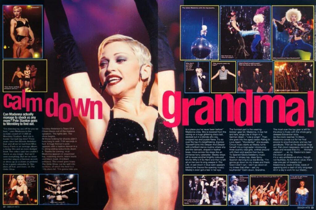 Página dupla da revista Smash Hits, de 1993, com a manchete "Calm down, grandma!" e uma foto enorme de Madonna jovem de sutiã preto.